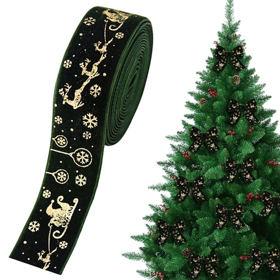 0.98 Inch x 6.56 Ft Green Velvet Christmas Ribbon, Gold Foil Santa Sleigh Reindeer Printed Green and Gold Ribbon, Wired Edge Xmas Craft Ribbon for Gift Wrapping Wreath Bow Tree Decoration