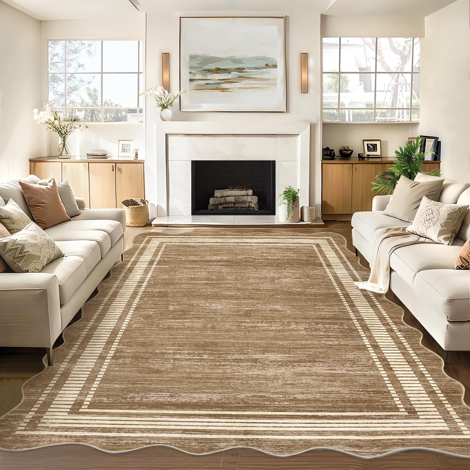 COZONY 9'x12' Modern Scalloped Washable Area Rug, Non-Slip Low-Pile Carpet for Living Room, Bedroom, Camel