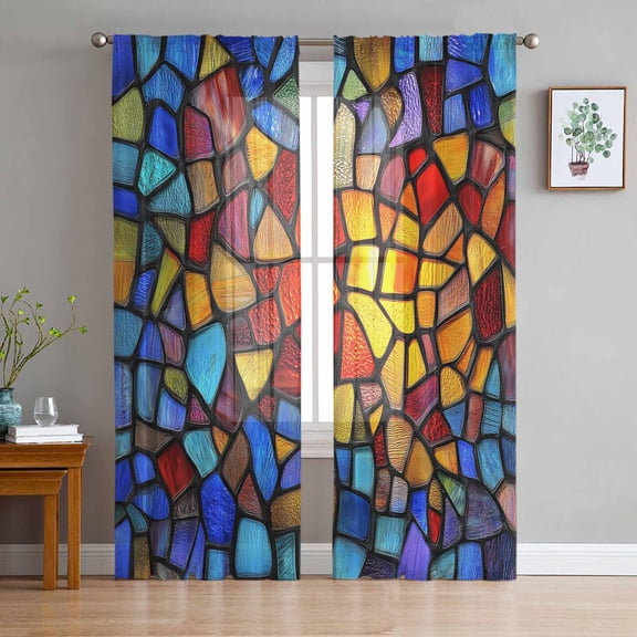 Sheer Curtains 63 Inches Long, Modern Colored Rainbow Stained Glass Light Filtering Window Curtains for Living Room, Blue Red Yellow Rod Pocket Voile Sheer Curtain Drapes, 52"W x 63"L, 2 Panels