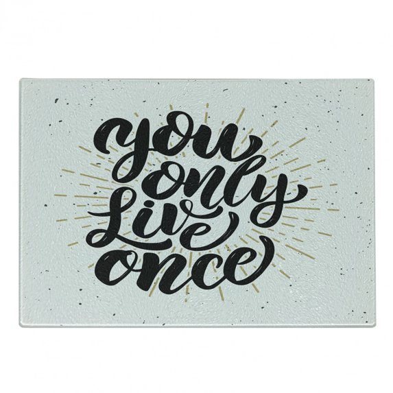 YOLO Cutting Board, Hand Drawn Words with Grunge Stripes Dots Backdrop Typography, Decorative Tempered Glass Cutting and Serving Board, Small Size, Black White and Yellow, by Ambesonne