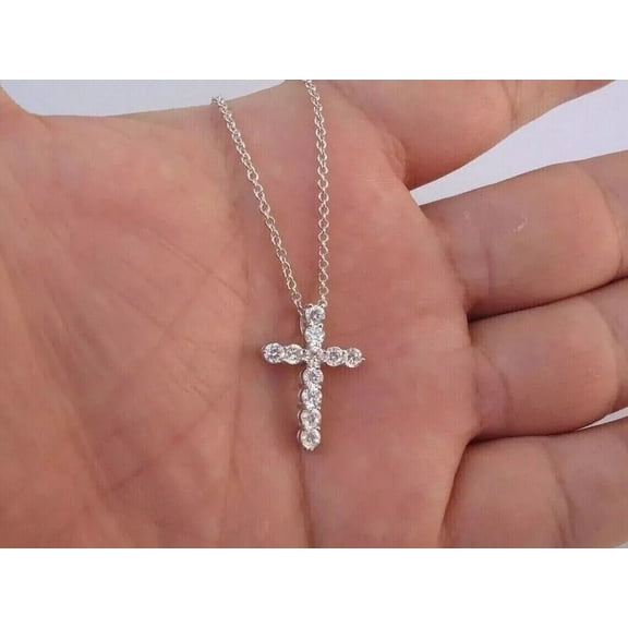 1Ct Round Cut Lab Created Diamond Small Cross Pendant 14K White Gold Plated
