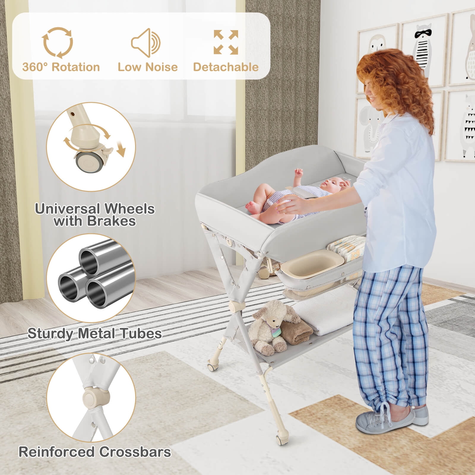 Costway Portable Baby Diaper Changing Table with Storage Water Basin 3-Level Adjustable Height Gray