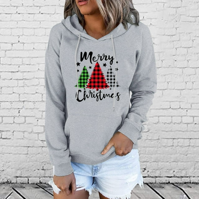 DPTALR Hooded Pullover For Womens Button Down Hoodies Drawstring Pocket Chirstmas Print Casual Long Sleeve V-Neck Sweatshirts