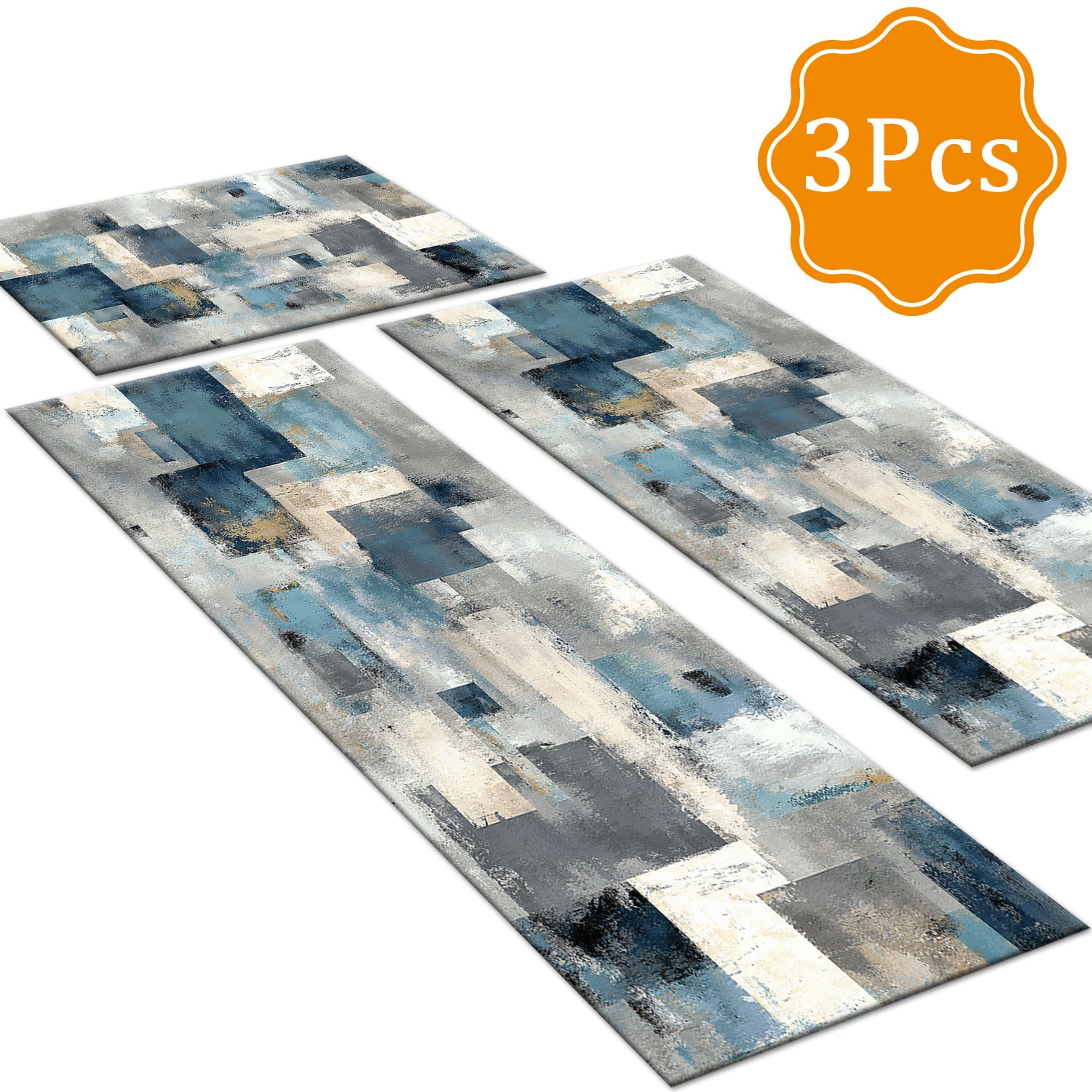 3 Piece Kitchen Rug Set, Non-Slip And Washable, Abstract Pattern Kitchen Hallway Rug, Soft And Comfortable, Suitable For Sinks, Floors, Entrances, Hallways and Bathrooms