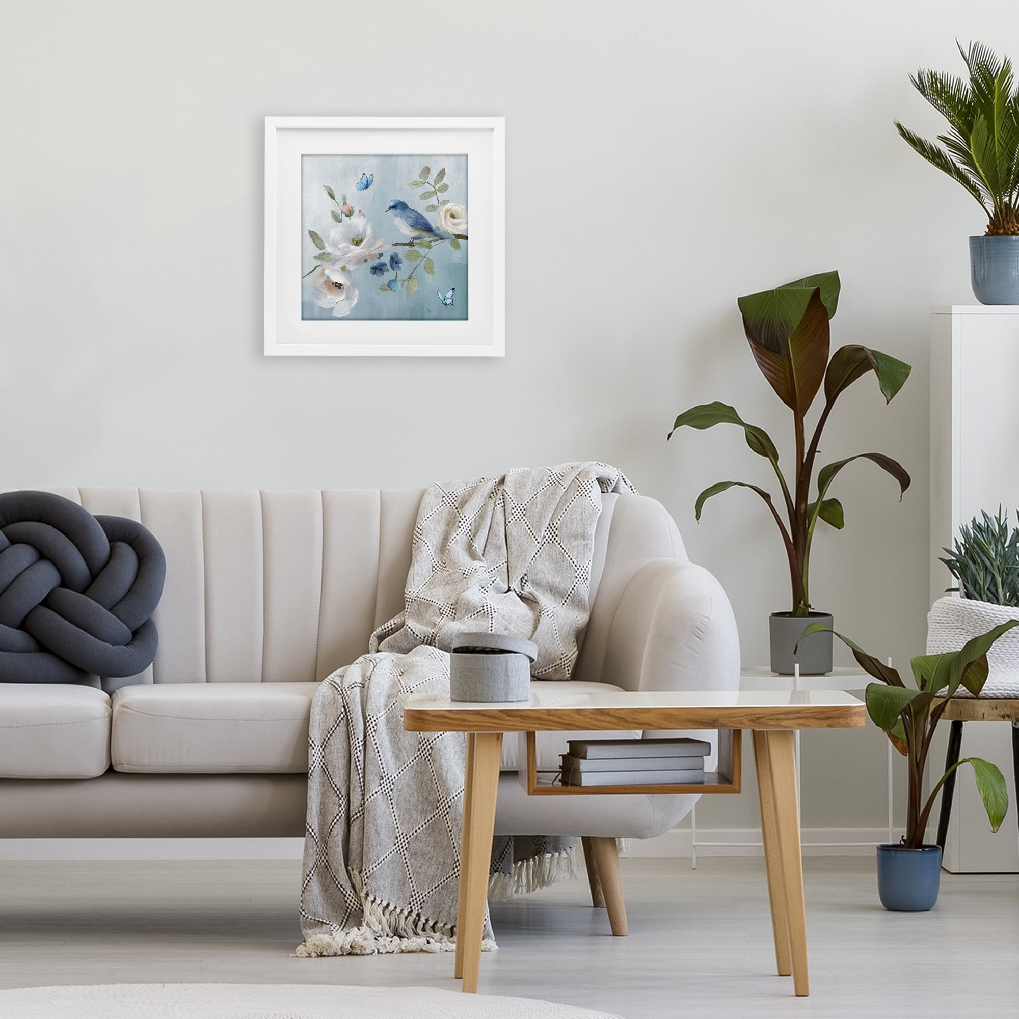 Stupell Industries Pastel Blue Bird Blooms White Framed Print Under Glass, design by Nan