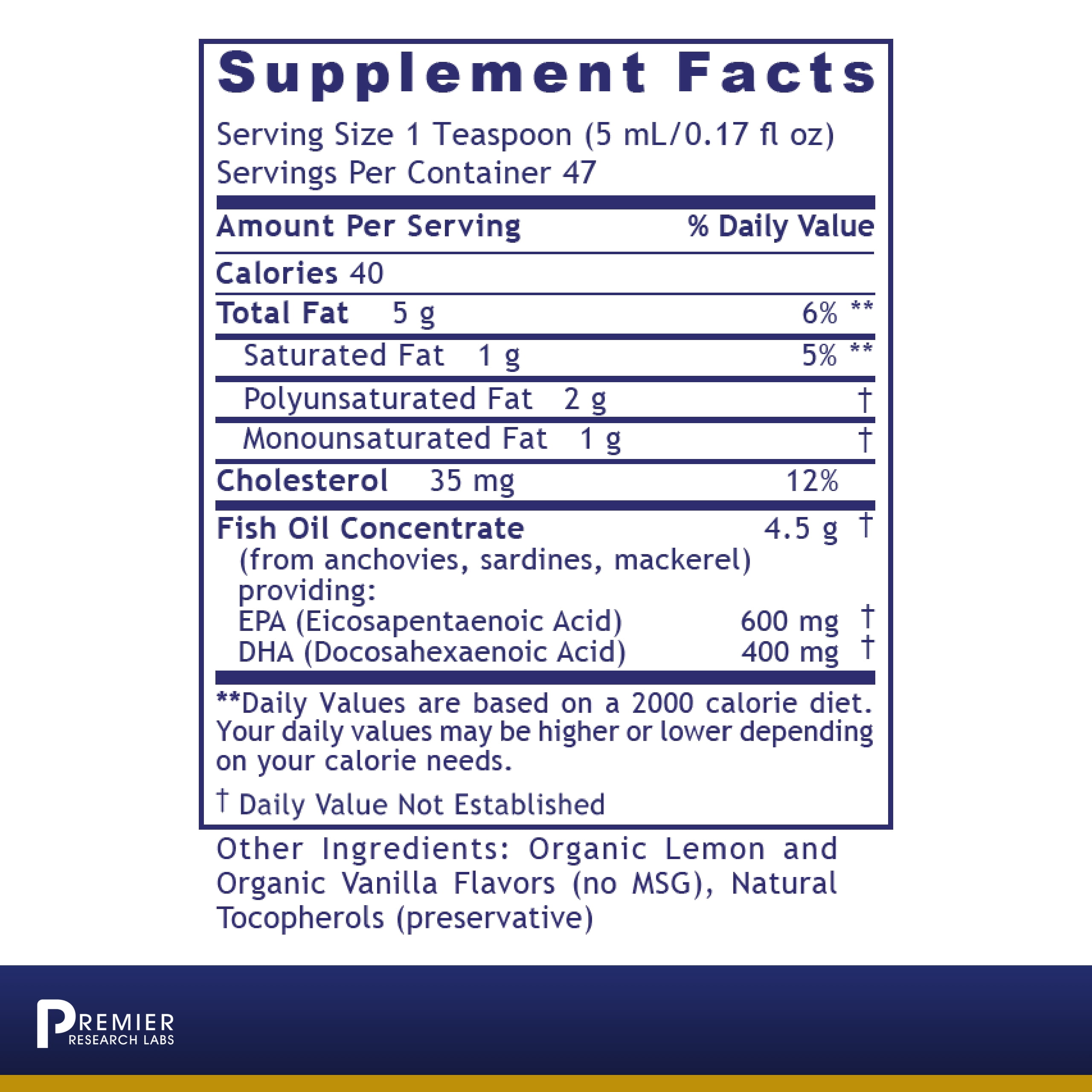 Premier Research Labs EPA/DHA Marine Liquid - Fish Oil Concentrate - Cold Filtration Process - Suitable for Adults & Children - Healthy Heart, Joint & Brain Supplement - 8 Fl oz - Organic Lemon