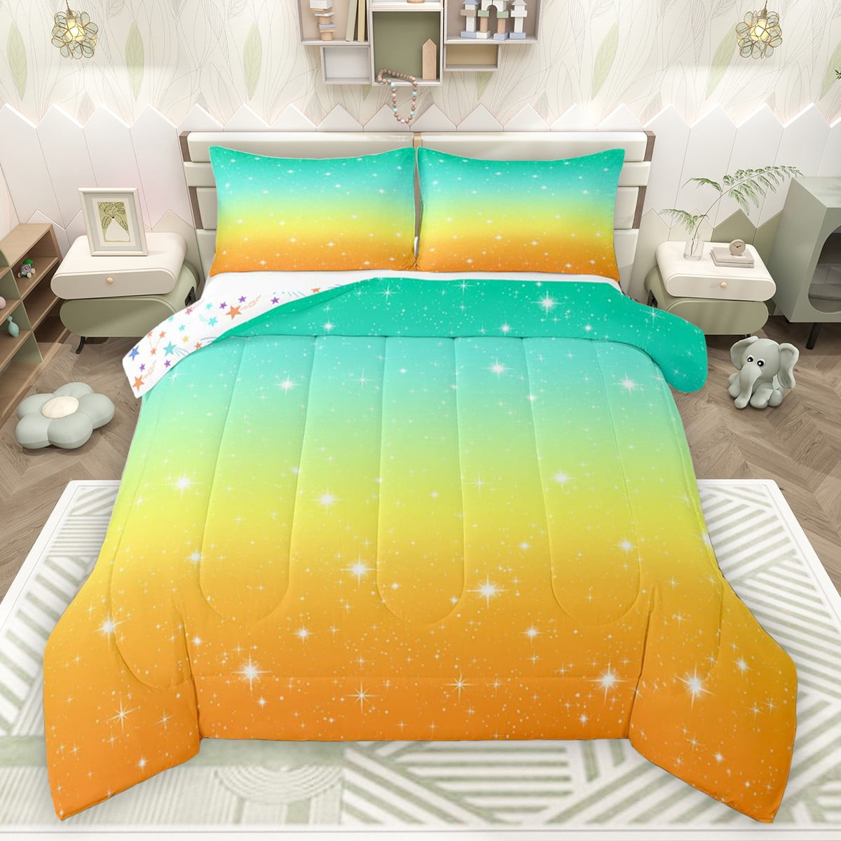 Castle Fairy Kids Teens Universe Galaxy Cosmos 3 Pieces Queen Comforter Set Starry Sky Ultra Soft Bedding Sets Green Yellow Gradient Bedding Comforter Set Breathable Lightweight Room Decor