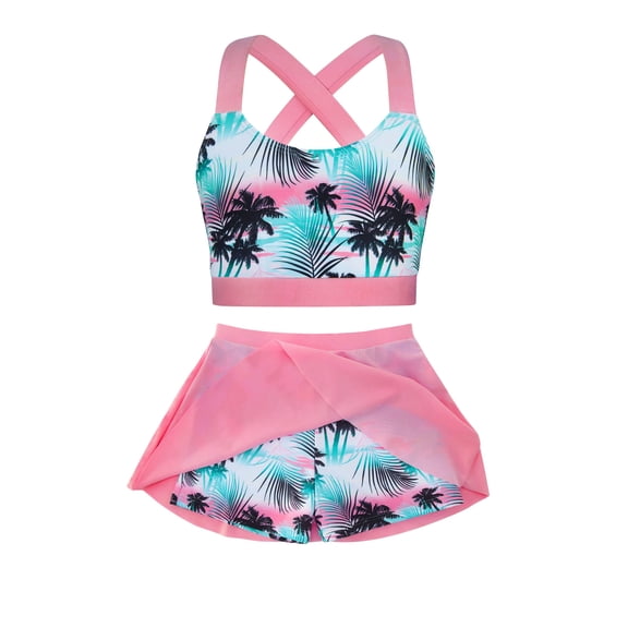 Girls 2 Piece Tankini Swimsuit Summer Boyshort Girls Bathing Suit with Shorts with Beach Skirt Swimwear 5-16 Years