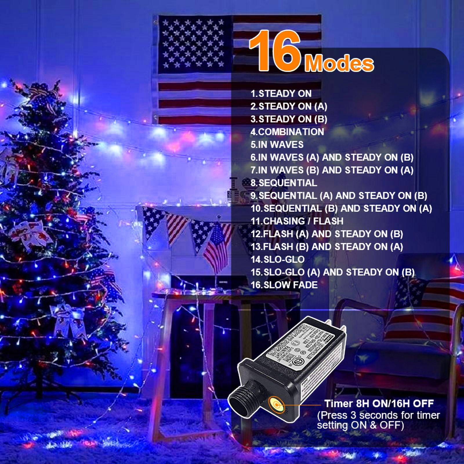 2 Pack Red Blue White Christmas Mini Lights, 32.5FT 100 LED Clear Bulbs String Lights with 16 Light Modes, Fairy Lights Plug in for Outdoor Xmas Trees Garland Wreath Holiday Decorations