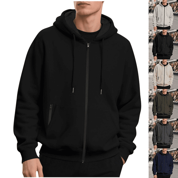 Men's Full Zip Sweatshirt Heavyweight Solid Color Casual Hoodie with Pockets Fall Winter Outfit