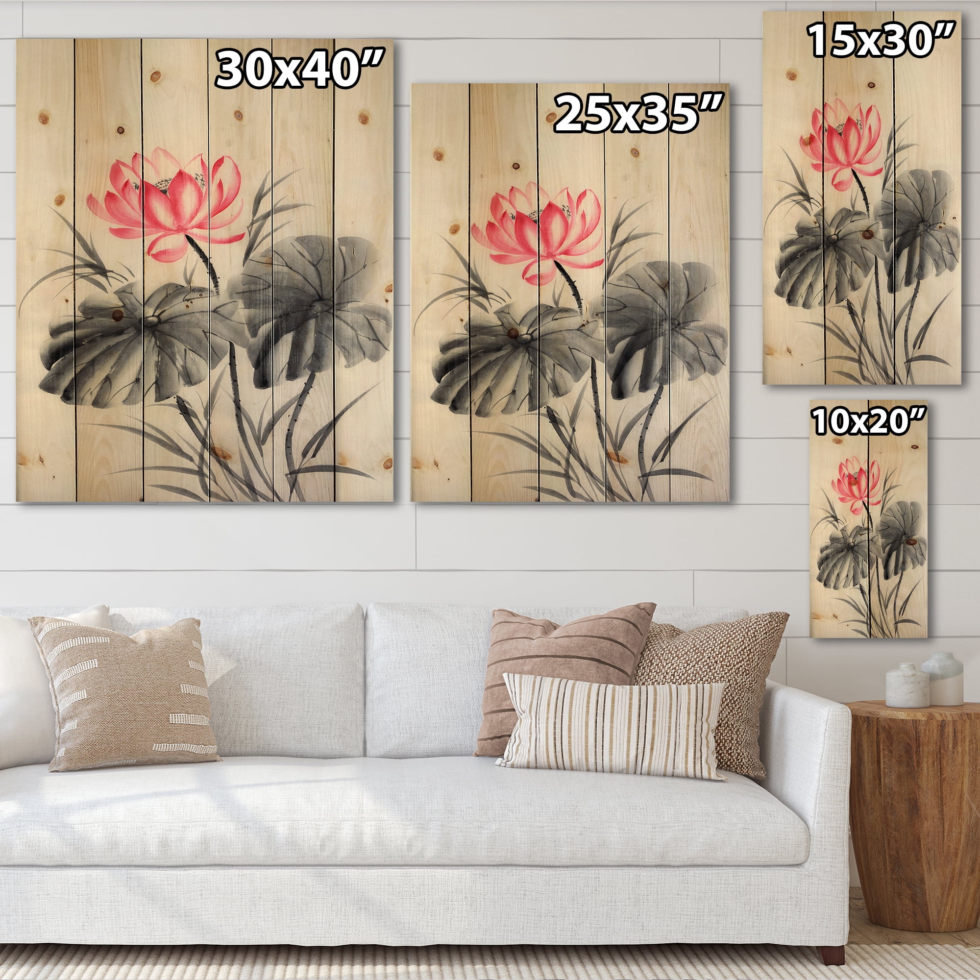 Designart 'Two Monochrome Leaves With Lotus Flower' Traditional Print on Natural Pine Wood