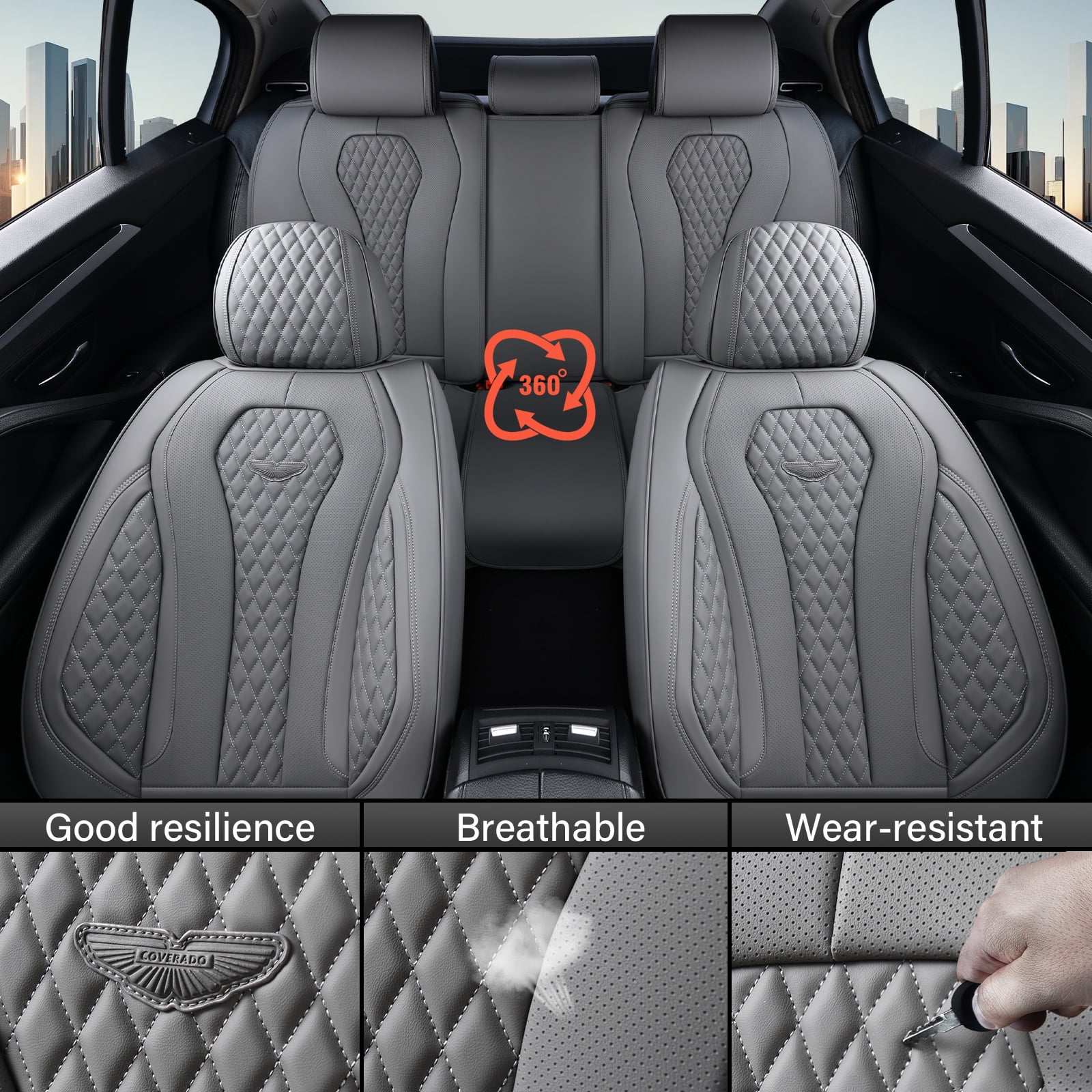 Coverado Universal Leather Seat Covers Full Set - 5 Seats, Gray, Waterproof Leatherette For Cars & SUVs 5 thumbnail image
