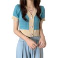 thumbnail image 3 of Blusa corta de punto con frente abierto Bloque de color Suéter de punto de manga corta con cuello en V y un solo pecho para desplazarse Azul Tamaño libre, 3 of 8