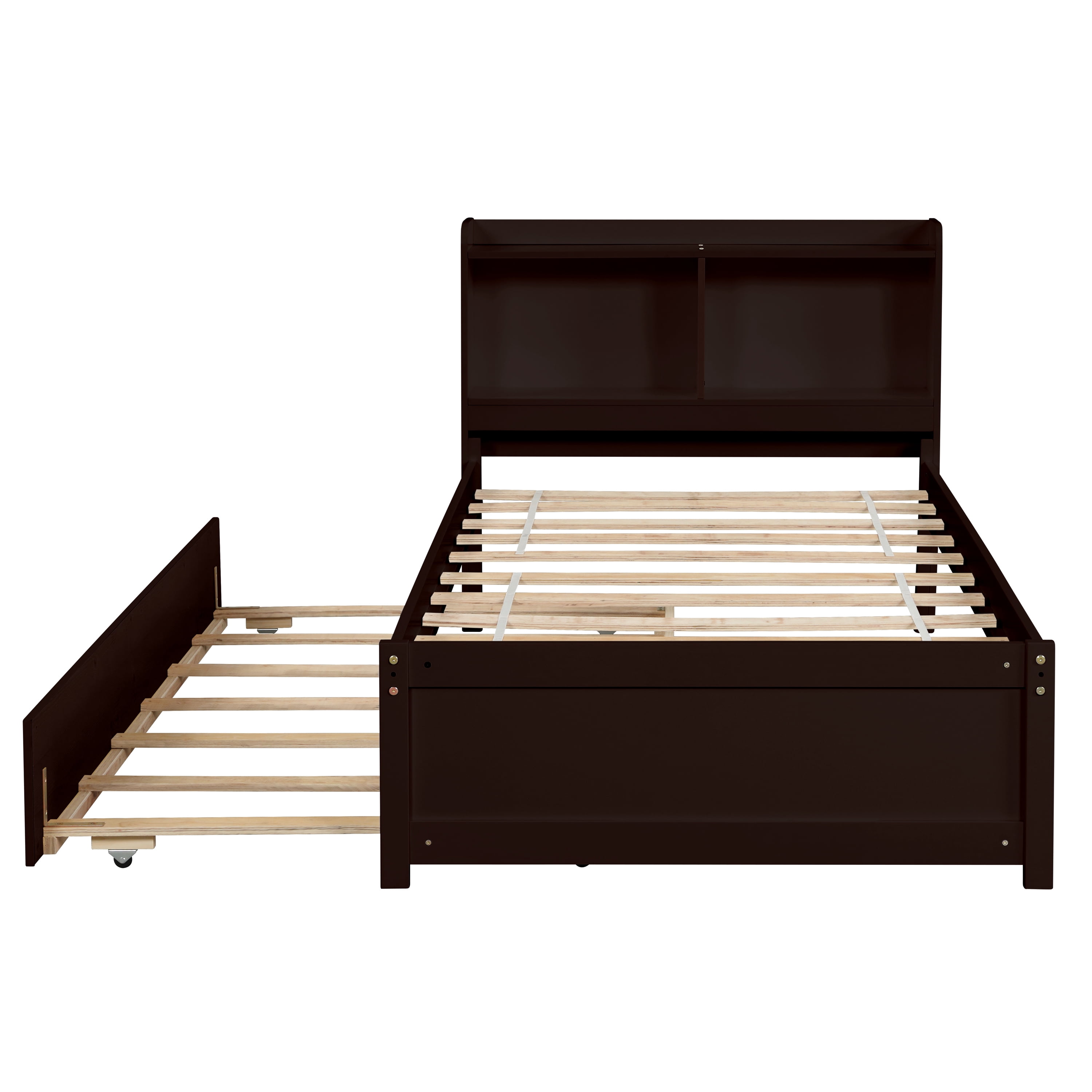 Hommoo Kids Pine Wood Twin Size Platform Bed Frame with Trundle and Bookcase,Black