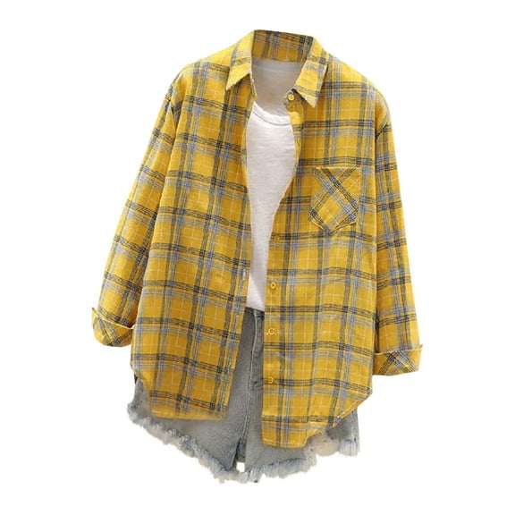 Women's Flannel Shirts - Womens Plaid Long Sleeve Button up Shirts - Women’s Flannel Tops - Fall Jackets Casual Loose Blouses with Pocket