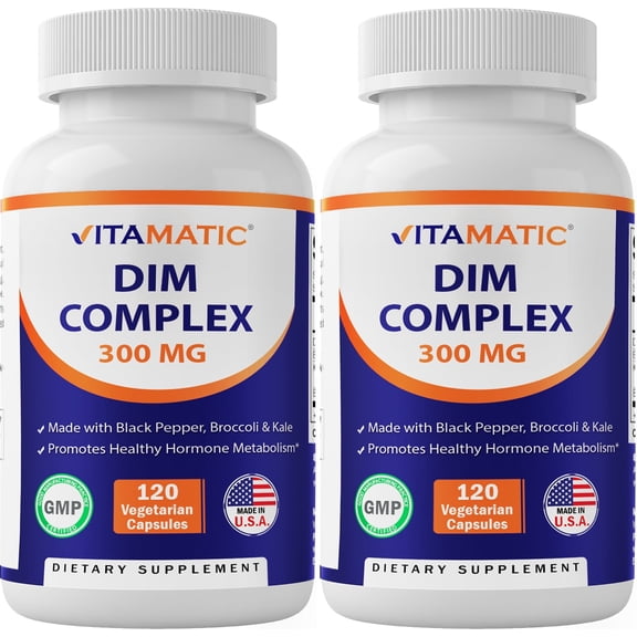 2 Pack Vitamatic DIM Supplement Complex for Women & Men - 300mg - 120 Veg Capsules - Made with Black Pepper, Broccoli Powder & Kale Powder - Non-GMO & Gluten Free - Supports Hormonal Balance