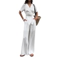 thumbnail image 2 of Womens Casual Fashion Set Tie Waist Irregular Hem Top with Wide Leg Pants Two Piece Outfit White S, 2 of 10