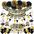 thumbnail image 1 of Decoraciones de graduación, pancartas de felicitaciones en negro y dorado, pompones de papel de seda, decoraciones colgantes, remolinos, pancarta triangular, guirnaldas de globos   JM, 1 of 5