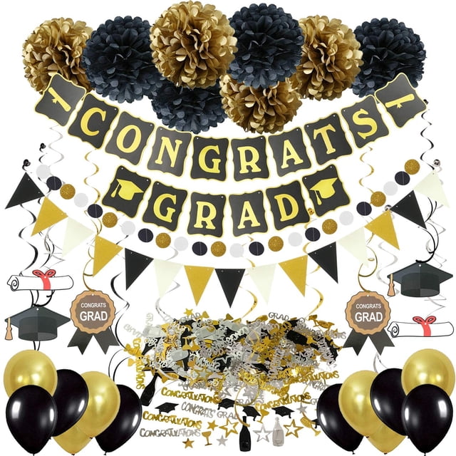Decoraciones de graduación, pancartas de felicitaciones en negro y dorado, pompones de papel de seda, decoraciones colgantes, remolinos, pancarta triangular, guirnaldas de globos JM