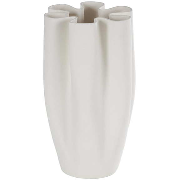 DecMode 11" Abstract Ribbed Dimensional Folded White Ceramic Vase with Floral Shaped Rim