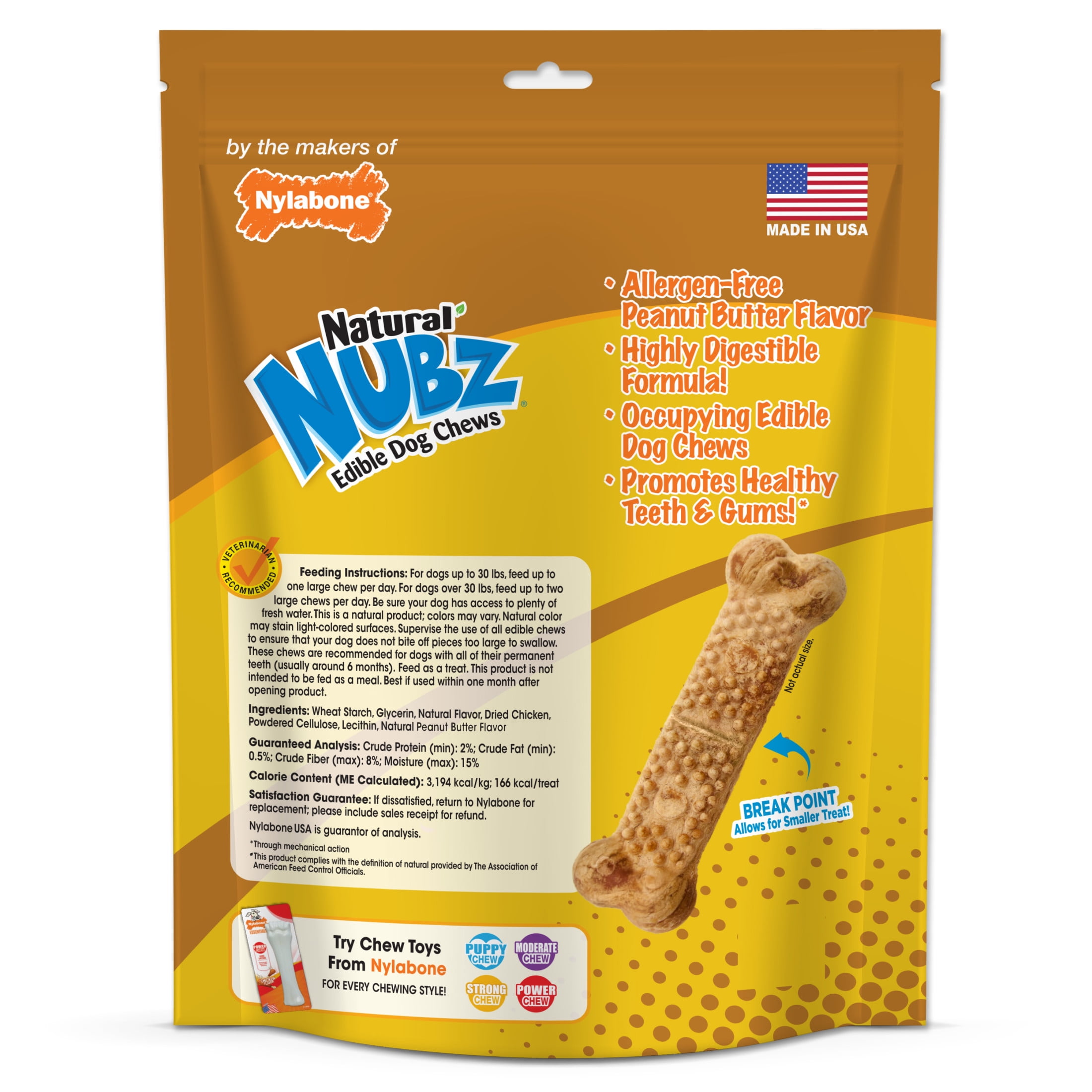 Nylabone Nubz Natural Dog Treats for Large Dogs, Peanut Butter Flavor Dog Bones, Large - 30+ lbs., 1.7 lb. Pouch, 15 Count
