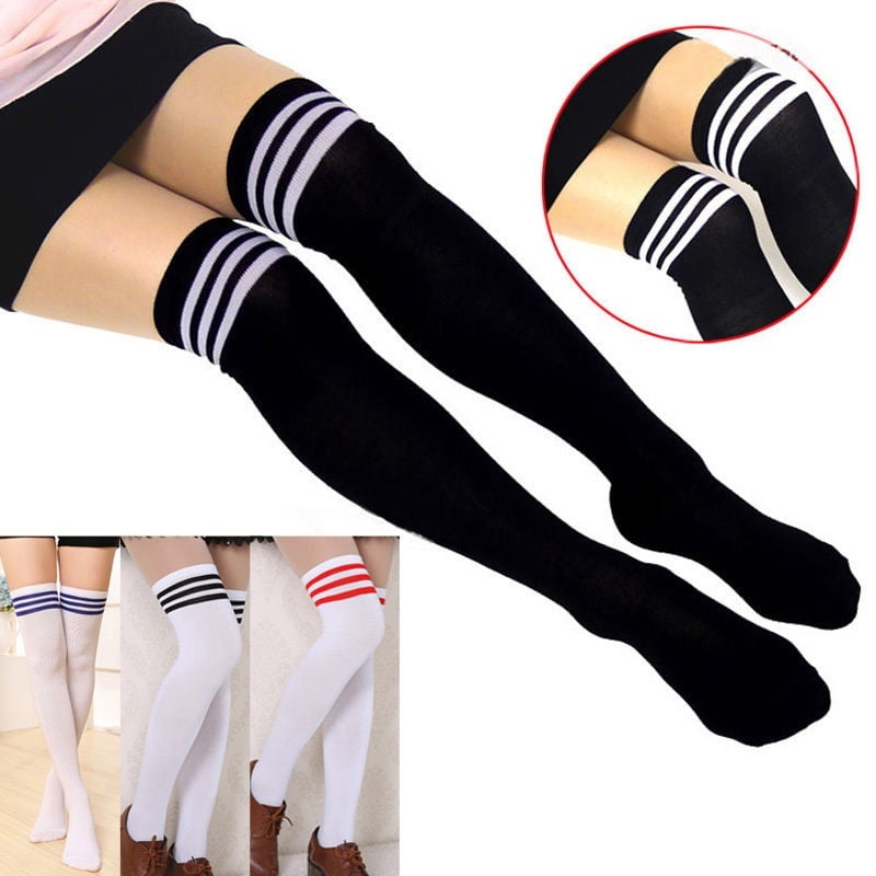 Gupgi Women Girls Opaque Knit Over Knee Thigh High Stockings Strip Sock Leggings Black