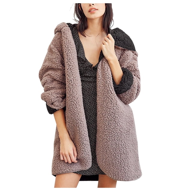 Pompotops Manteau en Peluche à Manches Longues pour Femmes, à Capuche, Double Face, Décontracté