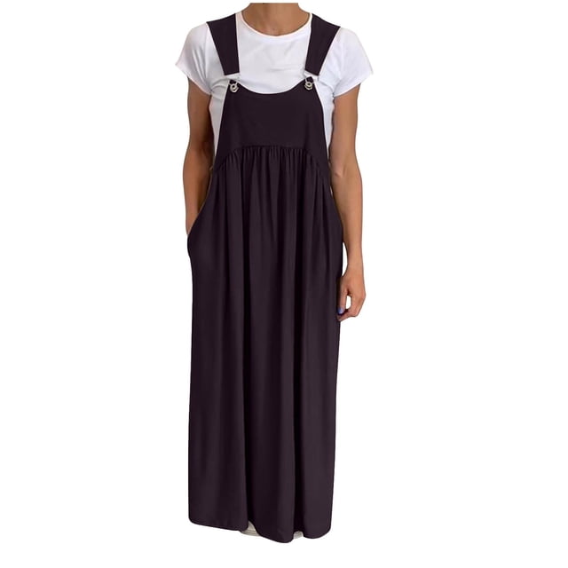 hotojiny Robes d'Été pour Femmes 2025 Grande Taille Coton Lin Robe Maxi Plissée Décontractée à Bretelles Salopette Robe