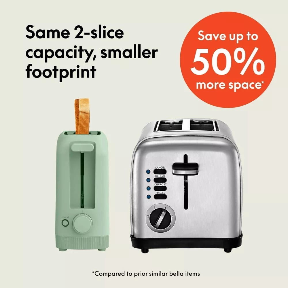 2-Slice Slim Toaster, 900 Watts, Metal Material, 6.85H x 14.88W x 3.58D