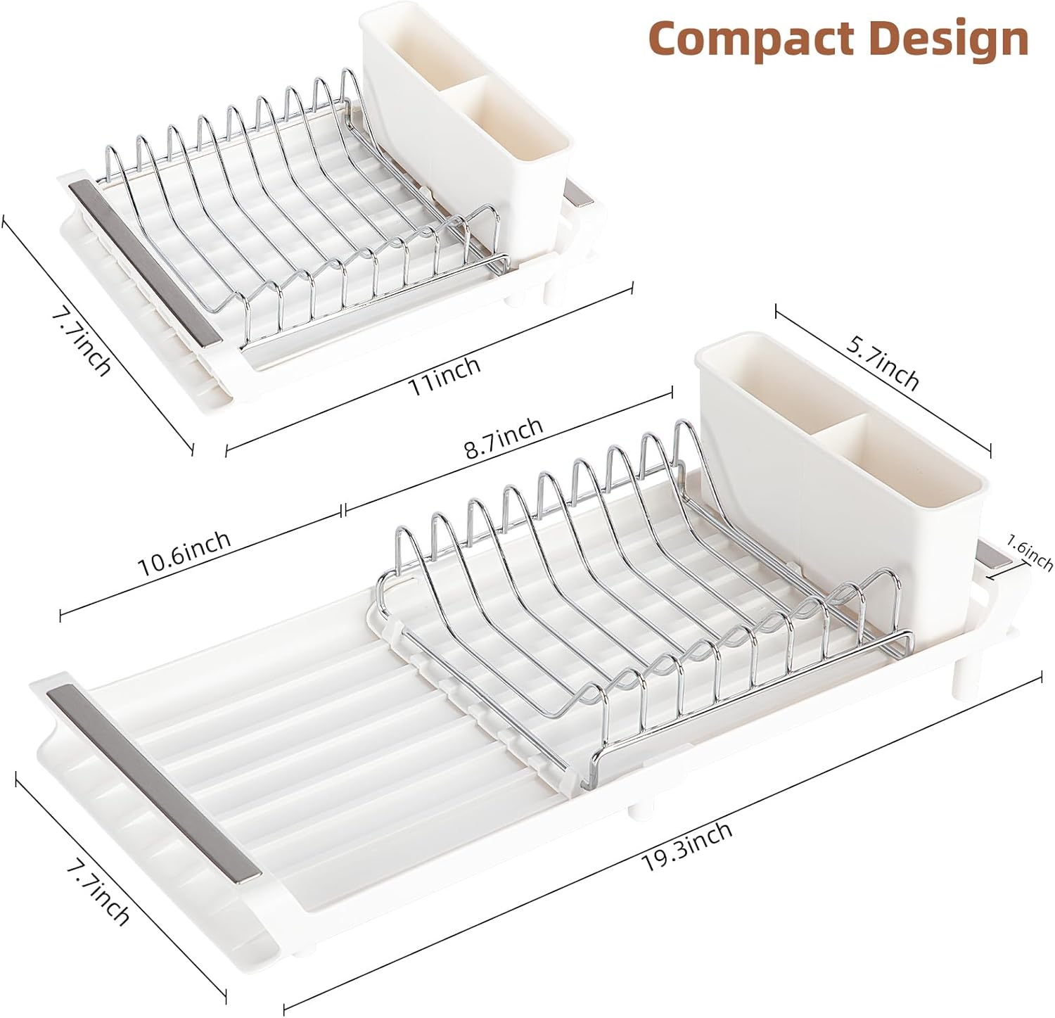 Extendable Dish Drying Rack, Small Dish Rack, Compact Dish Drainer, Dish Racks for Kitchen Counter, Stainless Steel Dish Drying Rack with Removable Cutlery Holder, Grey