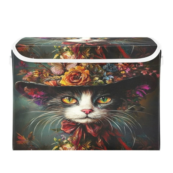 Storage Box With Lid 16.5x12.6x11.8In Foldable Stacked Household Storage Box Black Cute Cat and Flowers