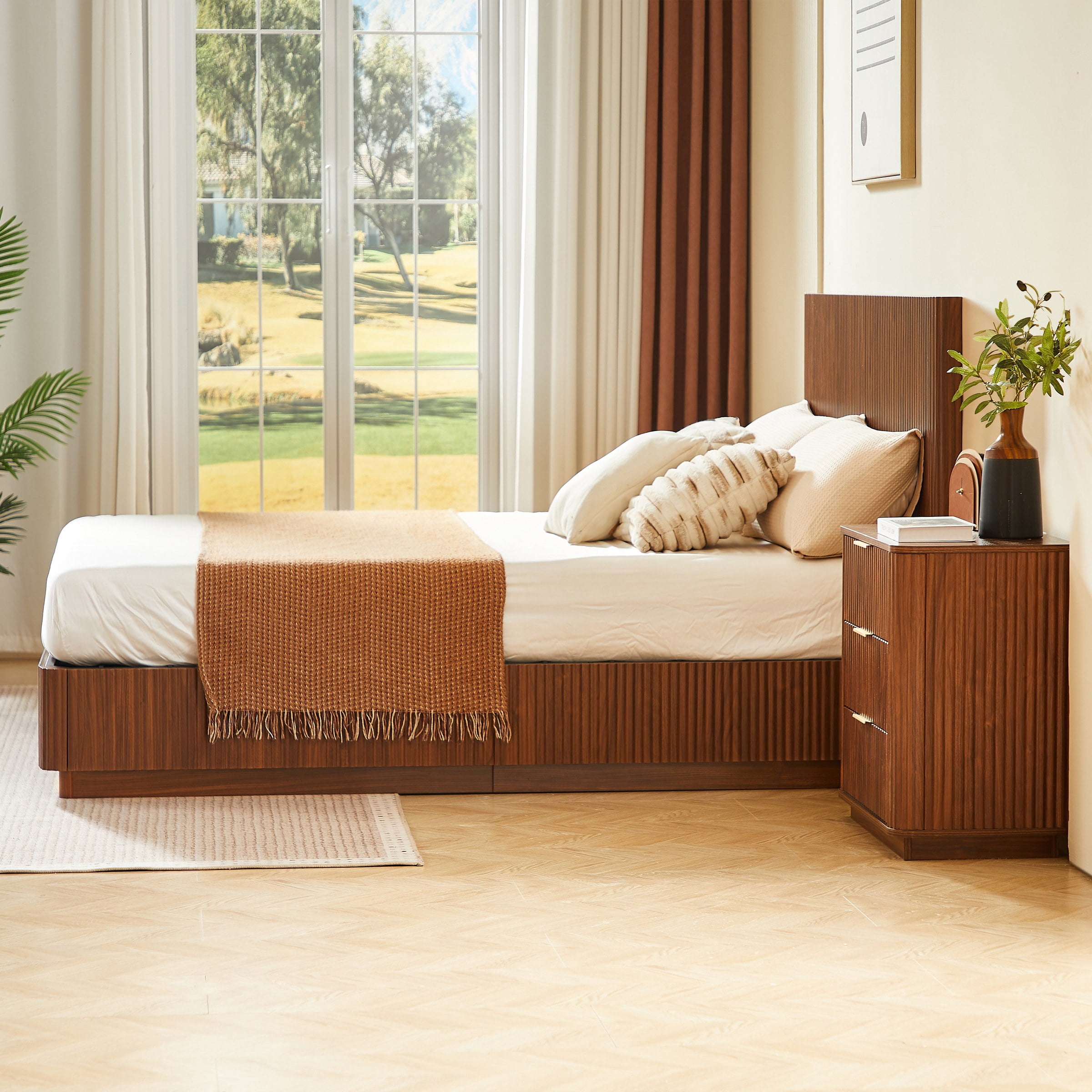 Queen Size Bed Frame with LED Lights, Modern Wooden Corrugated Curved Lines, Convex Groove Board Design