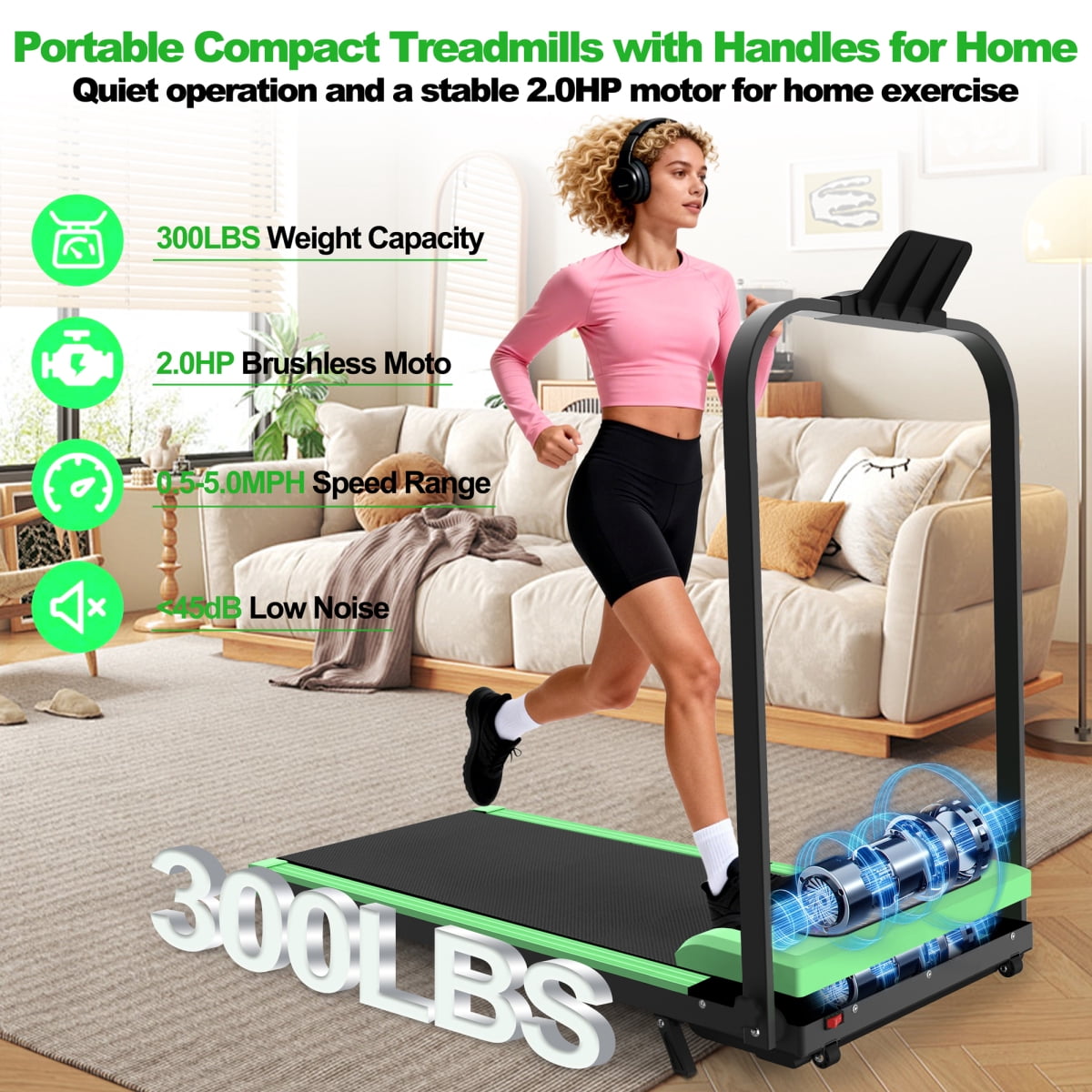 LuckyNote 2 in 1 Portable Folding Treadmill, Walking Pad with Vibration Function, 0.5-5MPH & 10% Incline, Compact for Small Spaces, Green