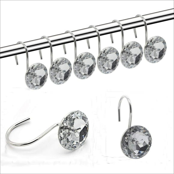 Shower Curtain Hooks Diamond Shape Shower Rings/Round Acrylic Decorative Rhinestones Bling Rolling Bathroom Bath Set of 12 Rings Clear