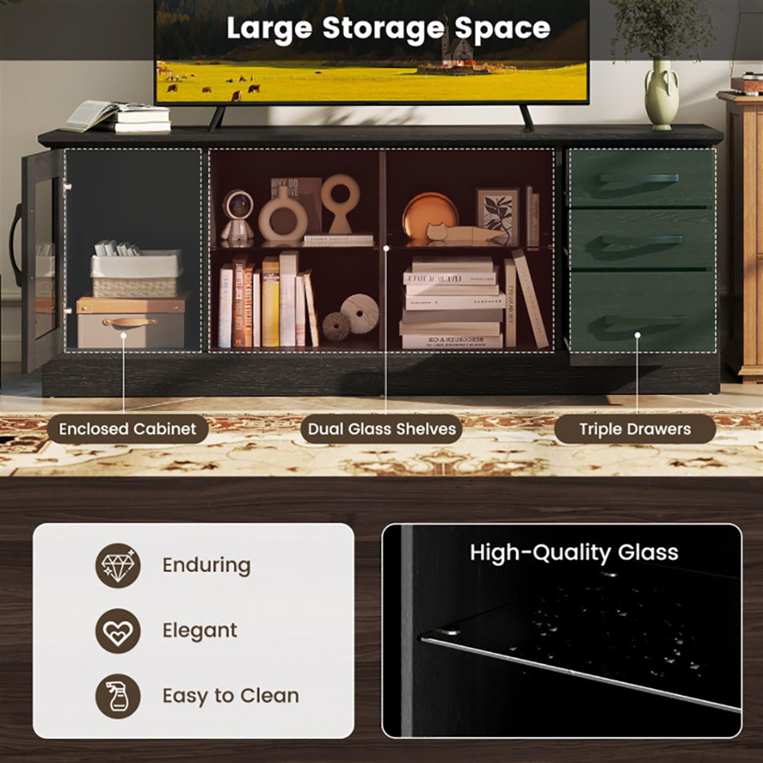 Demi Bonn TV Stand for 65" TVs, Entertainment Center with 3 Drawers and 2 Glass Shelves, Modern Media TV Console Table for Living Room Bedroom, Black