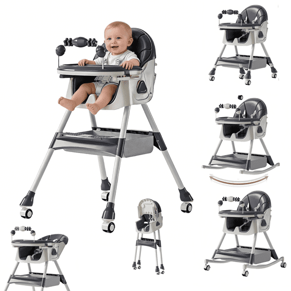 Star_Byul 6-in-1 Baby High Chair Convertible Baby Dining Chairs & Portable Baby Rocking Chairs with Double-Layer Tray and Toy Rack for 0-36 Months,Grey