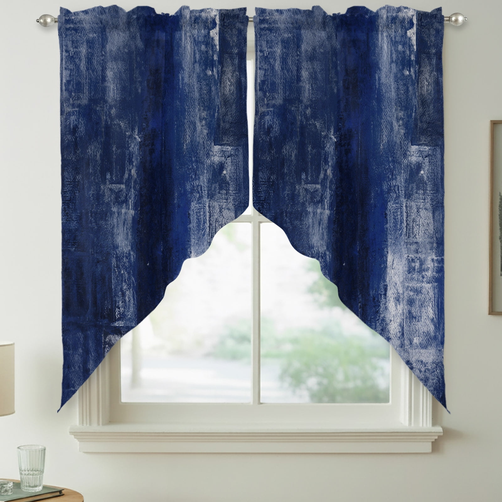 Navy Blue Swag Valances for Windows, Abstract Art Painting Coast Neutral Rod Pocket Short Curtains, Machine Washable Kitchen Window Topper for Bathroom Living Room, 36 x 36 Inch, 1 Pair