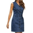 thumbnail image 1 of Robe en Denim pour Femmes à Col en V, Boutonnée, Ourlet Effiloché, Robe Courte en Jean Sans Manches, Usée, Décontractée, Mini-Robe d'Été, 1 of 7