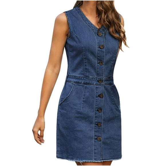 Robe en Denim pour Femmes à Col en V, Boutonnée, Ourlet Effiloché, Robe Courte en Jean Sans Manches, Usée, Décontractée, Mini-Robe d'Été
