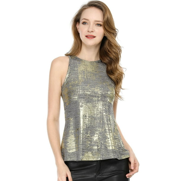 INSPIRE CHIC Camiseta Sin Mangas Con Chaleco Brillante Metálico Brillante Sin Mangas Para Fiesta Y Club Para Mujer Plata XL