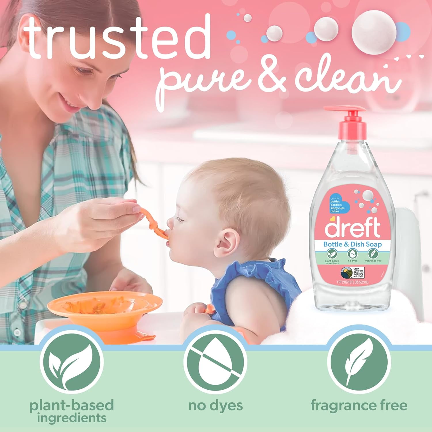 Bottle and Dish Soap | Made to Clean Baby Bottles, Sippy Cups, Pacifiers, Breast Pumps, & More | Gently Removes Milk Film & Odors | Plant Based, Fragrance Free Dish Soap | 18 Fl Oz (Pack of 3)