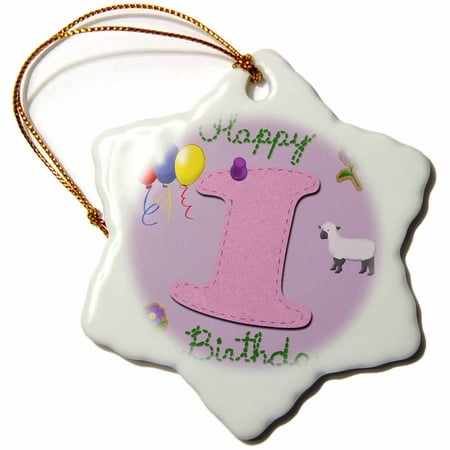 3dRose Happy first birthday. Digital scrapbook design for girls with a pink felt looking number one, Snowflake Ornament, Porcelain, 3-inch