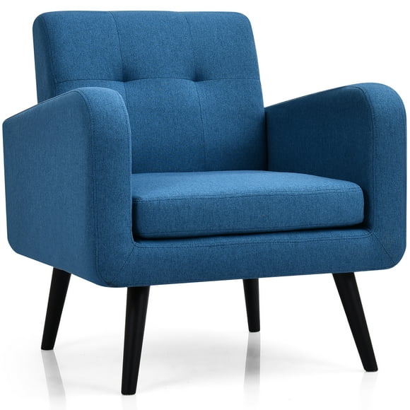 Costway Mid Century Accent Chair Fabric Arm Chair Single Sofa w/Rubber Wood Legs Blue