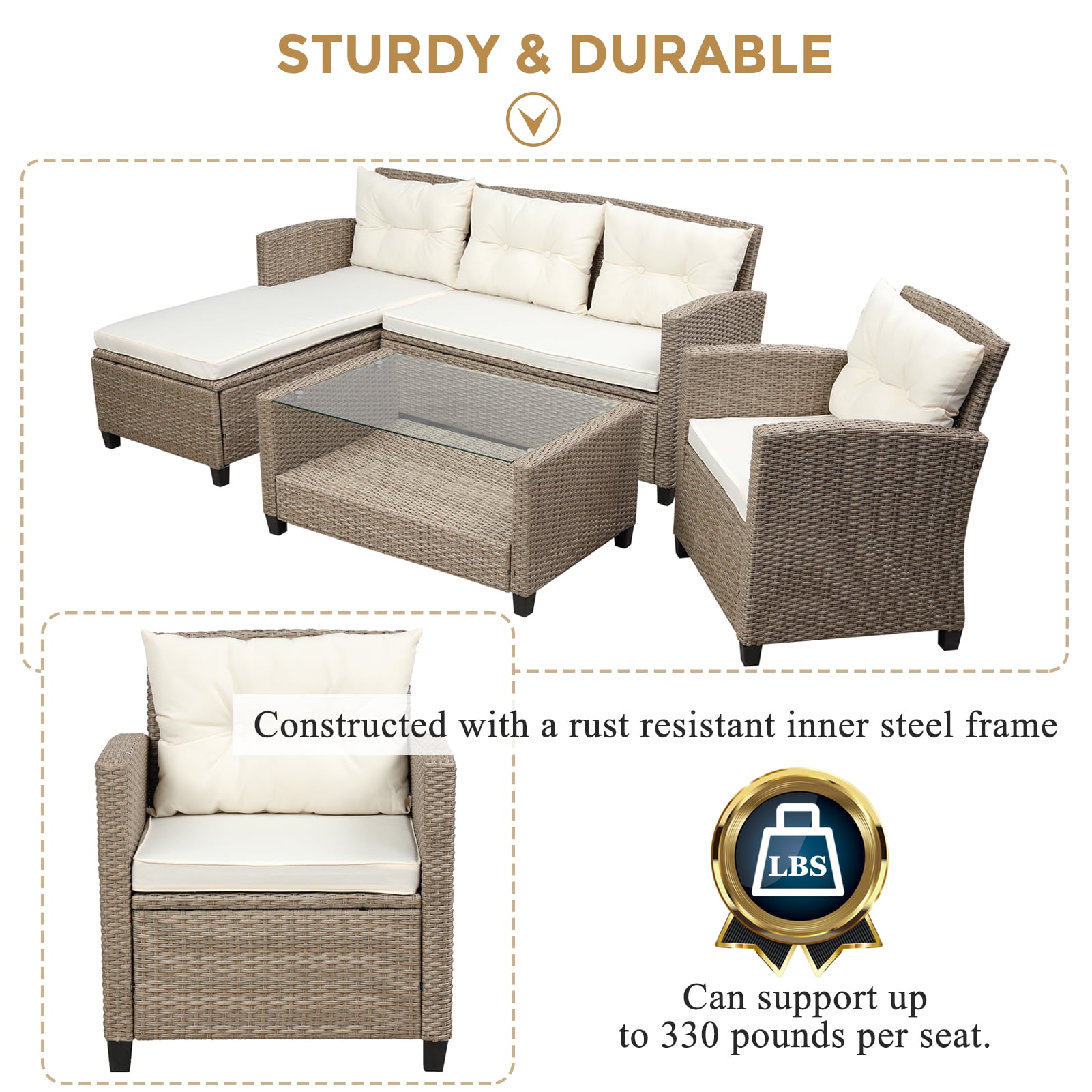 SEGMART 4 Piece Patio Furniture Set, All-Weather Outdoor Sectional Sofa Set, PE Rattan Conversation Set with Table & Cushions, Wicker Furniture Couch Set for Patio Deck Poolside, B895