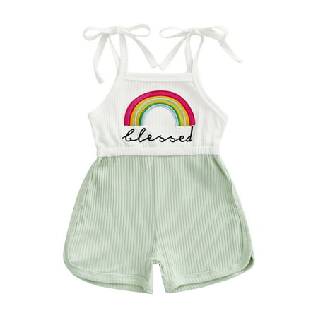 

Musuos Baby Girls Summer Casual Jumpsuit Sleeveless Rainbow Print Ribbed Patchwork Romper