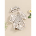 thumbnail image 6 of Aojekbee Baby Girl 2Pcs Summer Outfits Short Sleeve Daisy Print Smocked Romper with Headband Set Newborn Clothes, 6 of 10