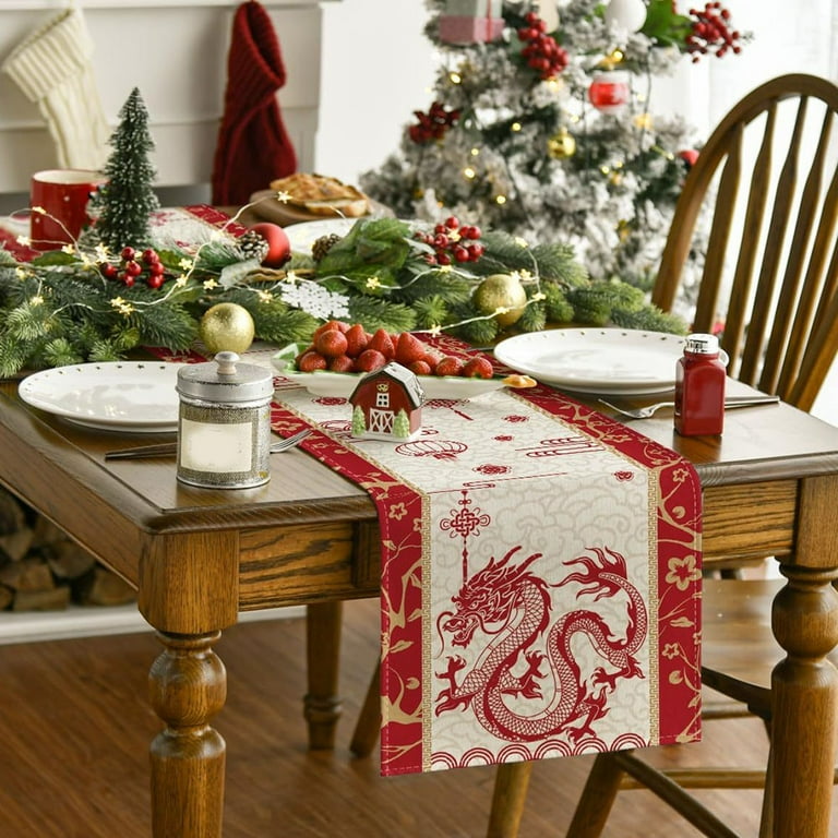 Chinese New Year Table Runner – 2025 Zodiac Snake Design, Red & Gold, 13x36 Inch Polyester | Holiday Dining Table Decor