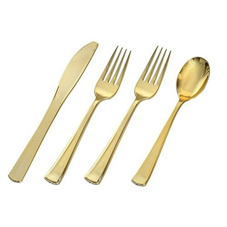 - 100 Plastic Shiny Gold Heavyweight Cutlery Set | 50 Forks, 25 Spoons & 25 Knives Disposable Tableware | For Ceremonies, Wedding Receptions, Baby Showers, Gatherings, Birthdays, BBQs, & More