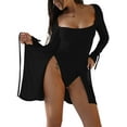 thumbnail image 3 of Fortune Robe Courte pour Femme Couleur Unie Col Carré à Nouer Taille Haute Fendue Robes, 3 of 7