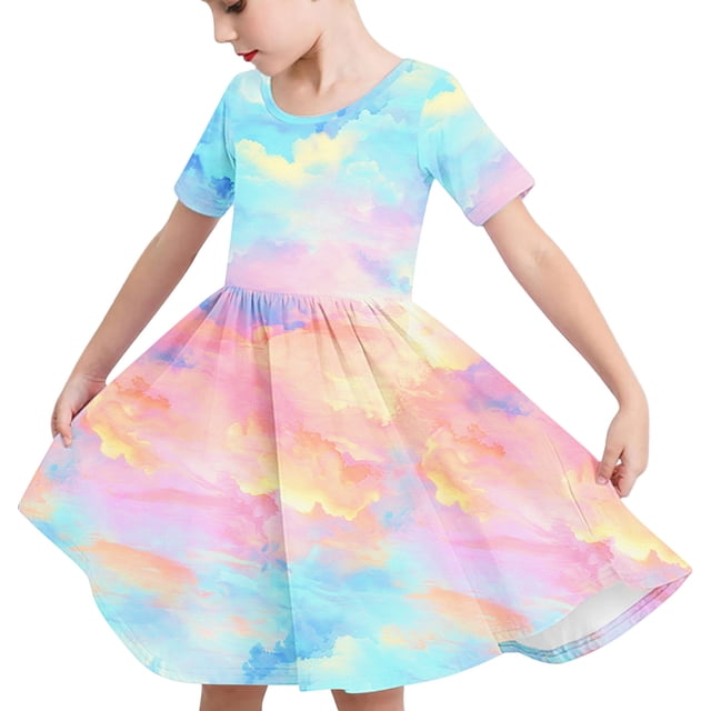 Odeerbi Niñas Gradiente Tie-Dye Skater Vestido Verano Flamed Swing Vestido Niños Manga Corta Elástico Vestido de Una Línea